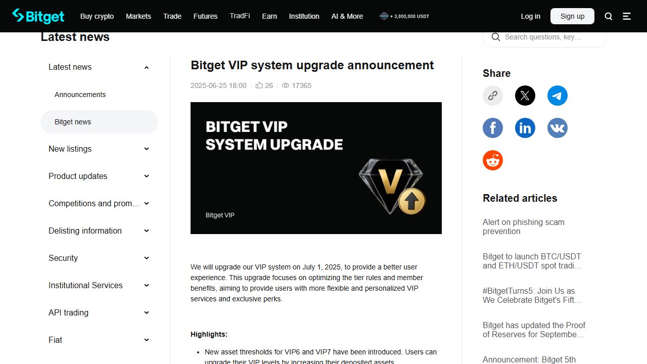 bitget.com 官方页面截图：Bitget VIP system upgrade announcement